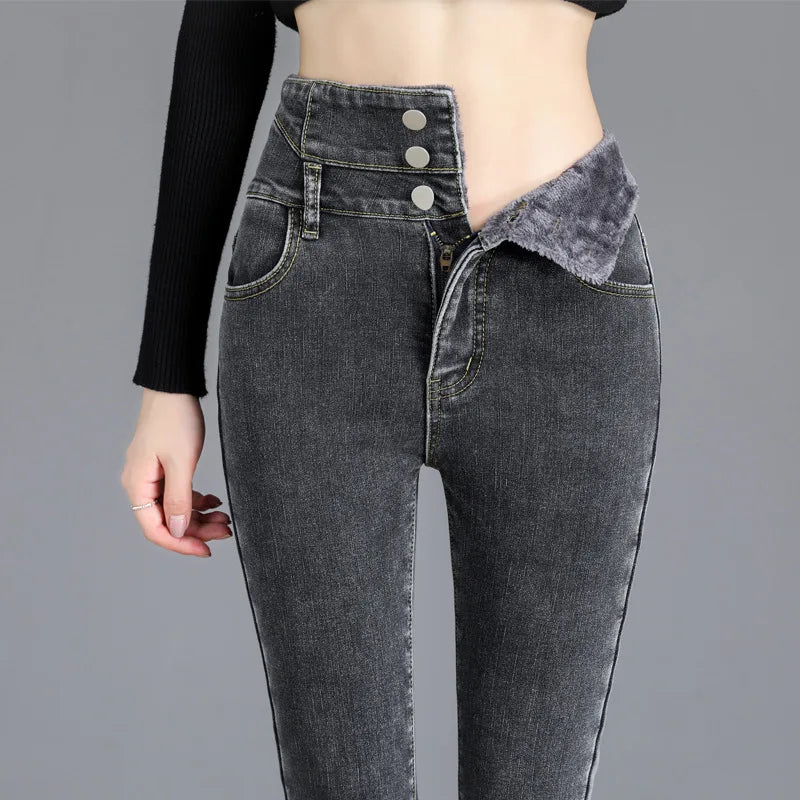 Y2k Leggings Jeans Women Velvet Thicken Warm Pencil Pants Casual High Waist Female Korean Thermal Straight Skinny Denim Trousers - Amazing G