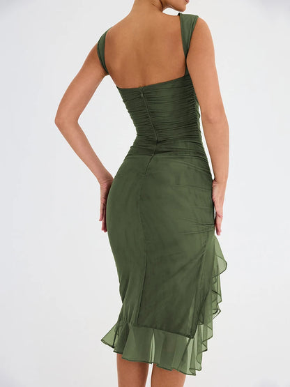 Mozision Elegant Ruffle Ruched Midi Dress