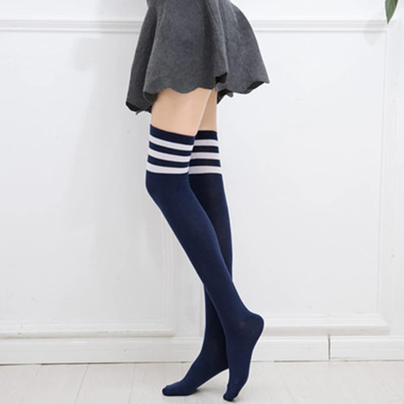 Black and White Striped Thigh High Socks for Women