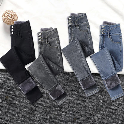 Y2k Leggings Jeans Women Velvet Thicken Warm Pencil Pants Casual High Waist Female Korean Thermal Straight Skinny Denim Trousers - Amazing G