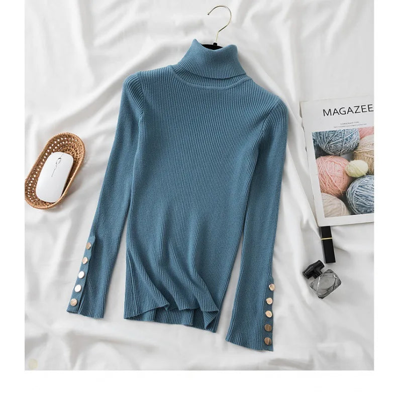 Slim Knit Turtleneck Sweater – Soft, Buttoned, and Cozy for Autumn &amp; Winter