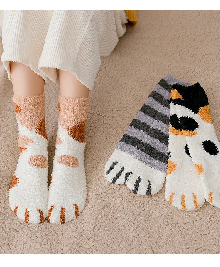 Autumn Winter Coral Velvet Cat Claw Socks for Women