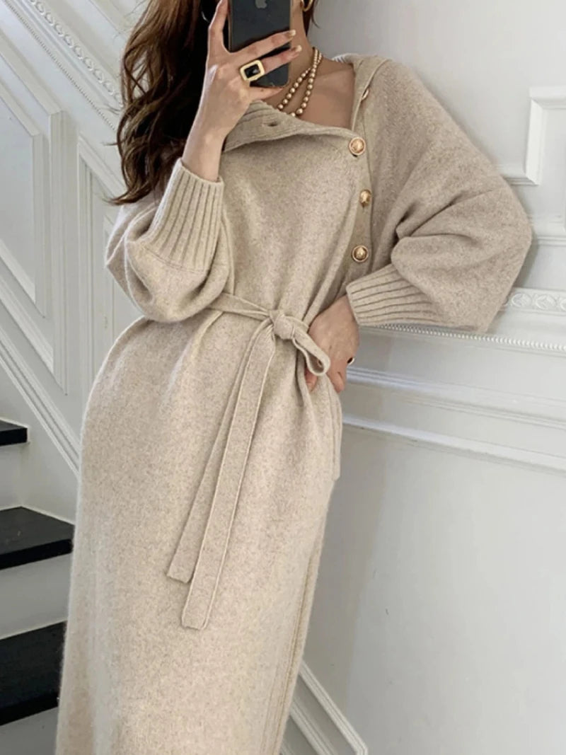 Vintage Turtleneck Buttons Long Sleeve Long Dress