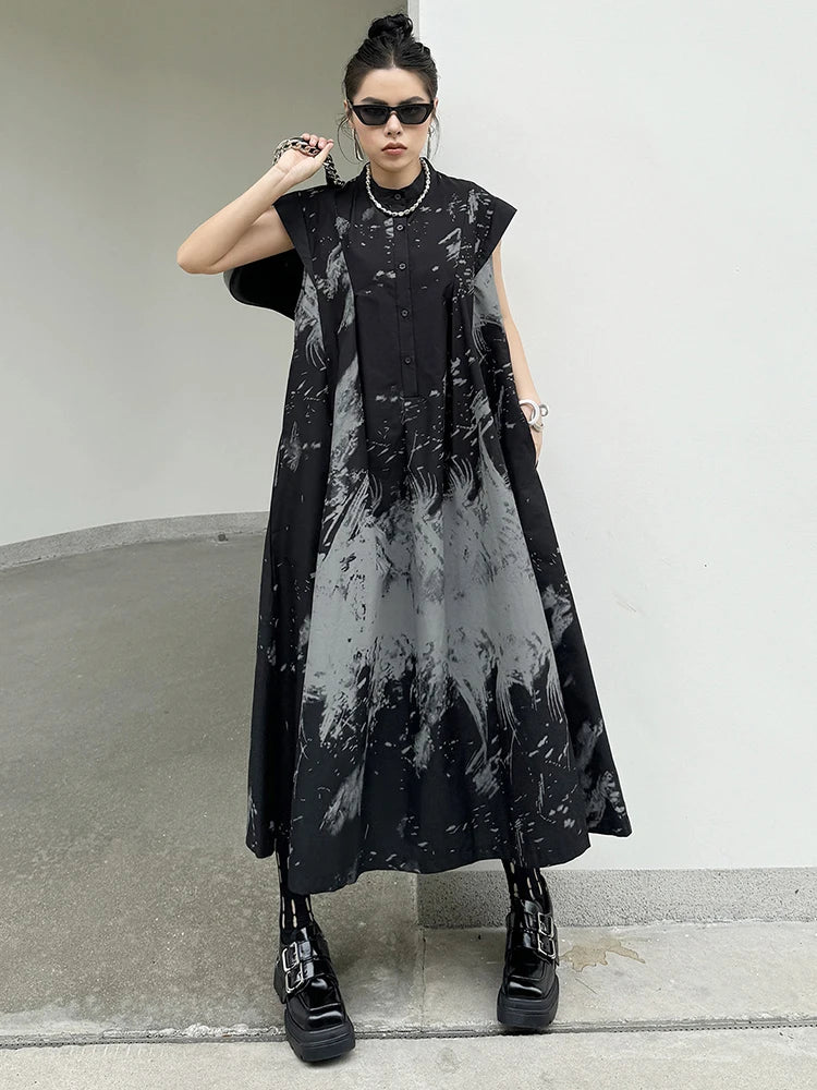 [EAM] Women Black Pattern Printed Big Size Midi Shirt Dress New Stand Collar Sleeveless Fashion Tide Spring Summer 2024 1DH5837