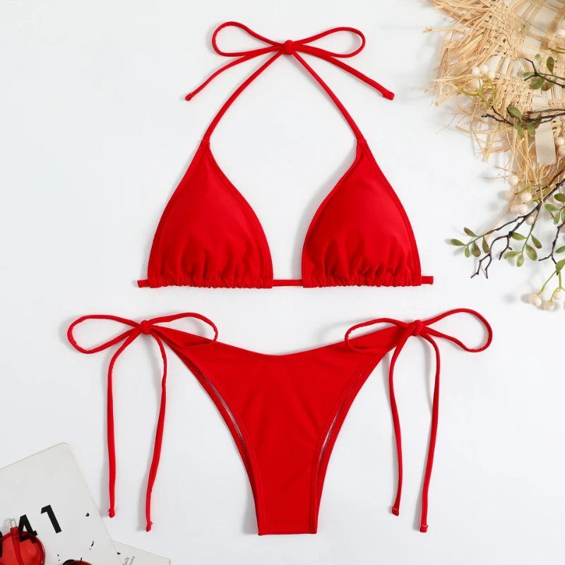 Sexy Thong Solid Color Bikini Set