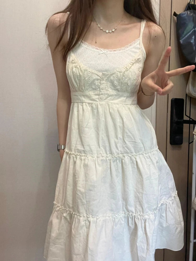 Casual White Button-Front Lace Spliced Sling Dress