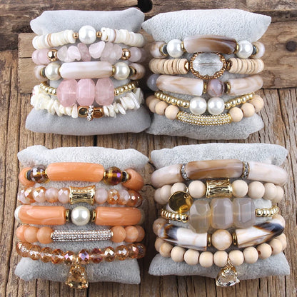 RH Fashion Bohemia Beaded Jewelry Big Elbow 5pc Stack Stone Bracelets Set For Women Festival Gift