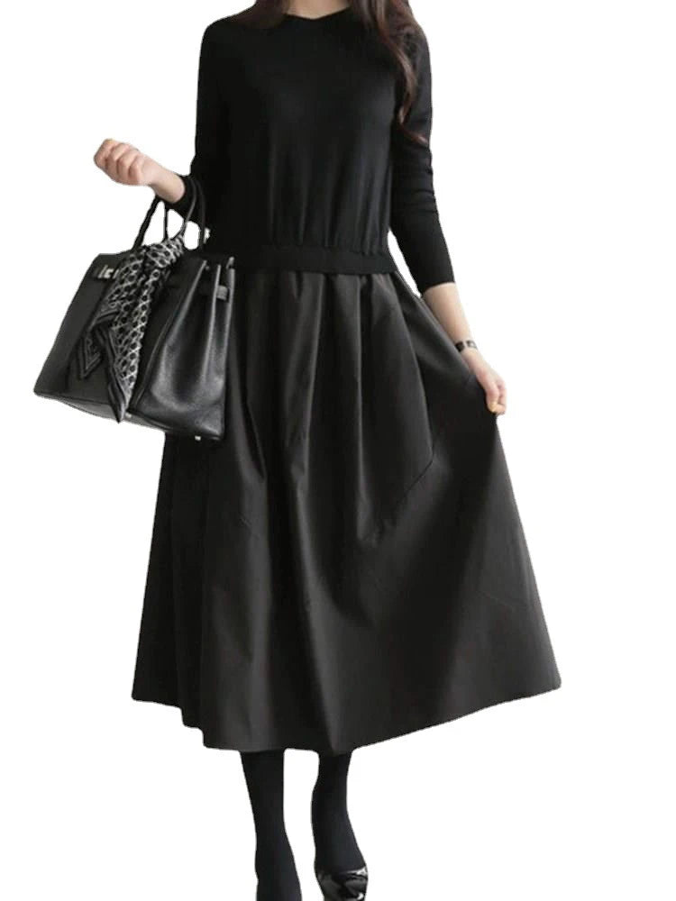 Winter Sweater Patchwork Dresses Women Black Long Sleeve Slim Plaid Contrast Knit Dresses