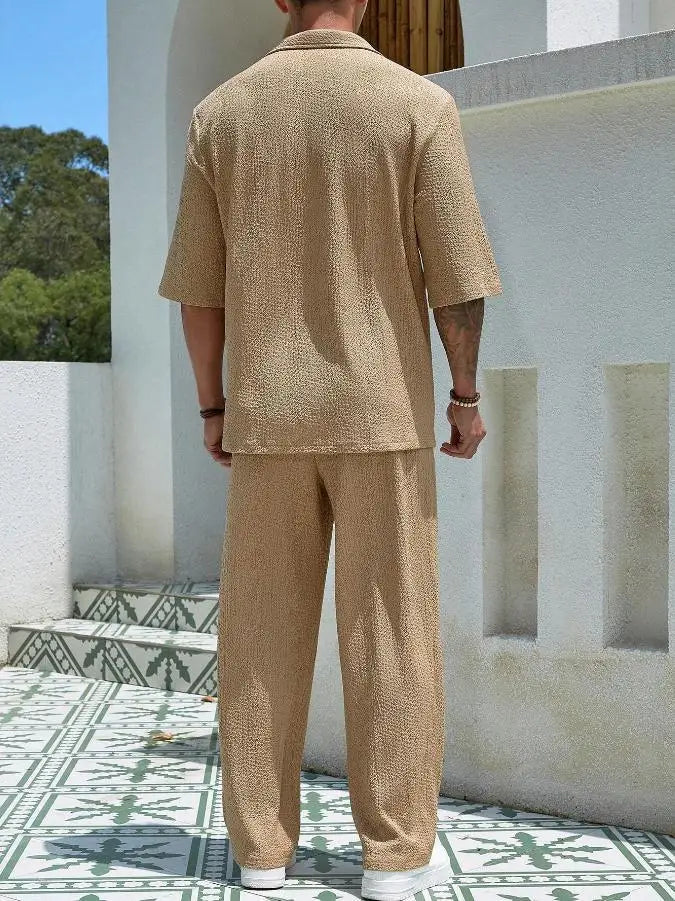 Men’s Summer 2-Piece Set – V-Neck Shirt &amp; Long Pants