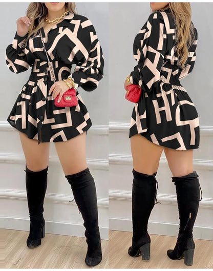 Casual Print Long Sleeve Mini Dress