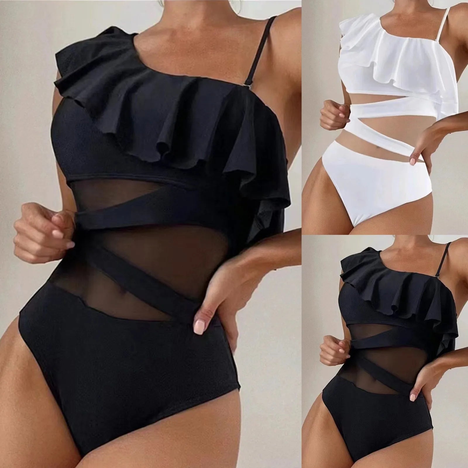 Leaf Mesh One-Shoulder Swimsuit