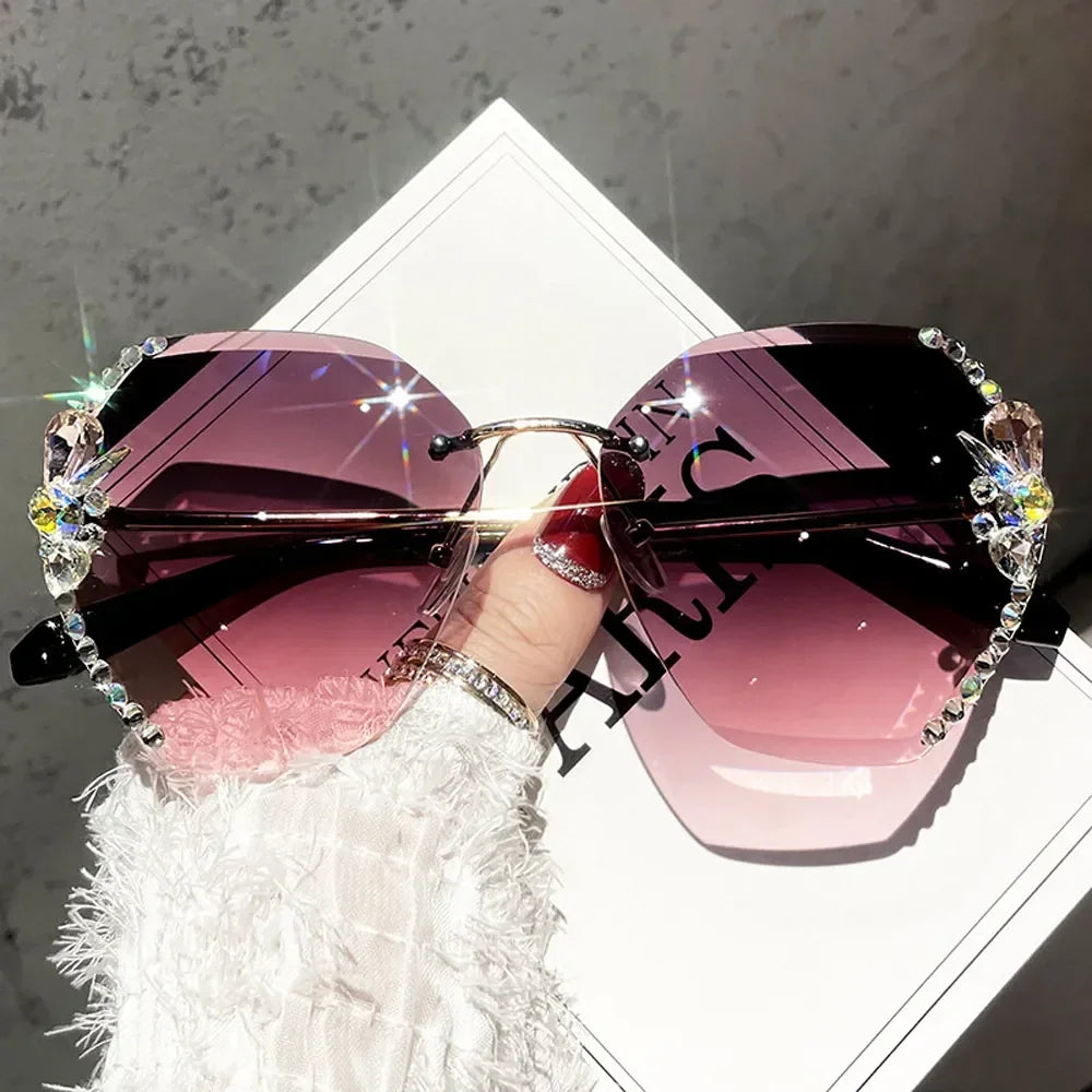 Luxury Brand Design Vintage Rimless Rhinestone Sunglasses