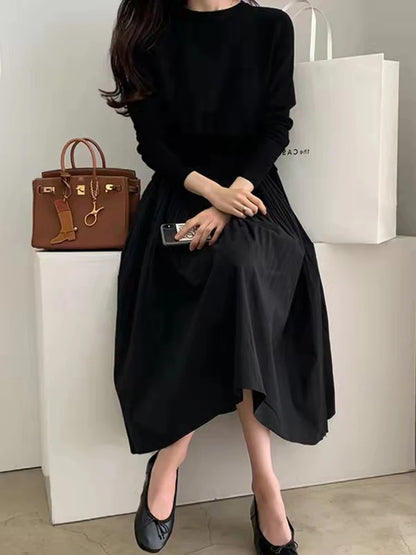 Winter Sweater Patchwork Dresses Women Black Long Sleeve Slim Plaid Contrast Knit Dresses