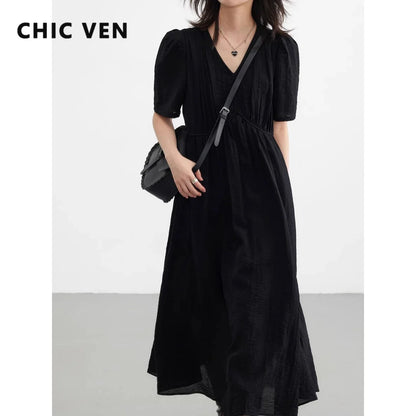 French Style V-Neck Puff Sleeve Long Dress