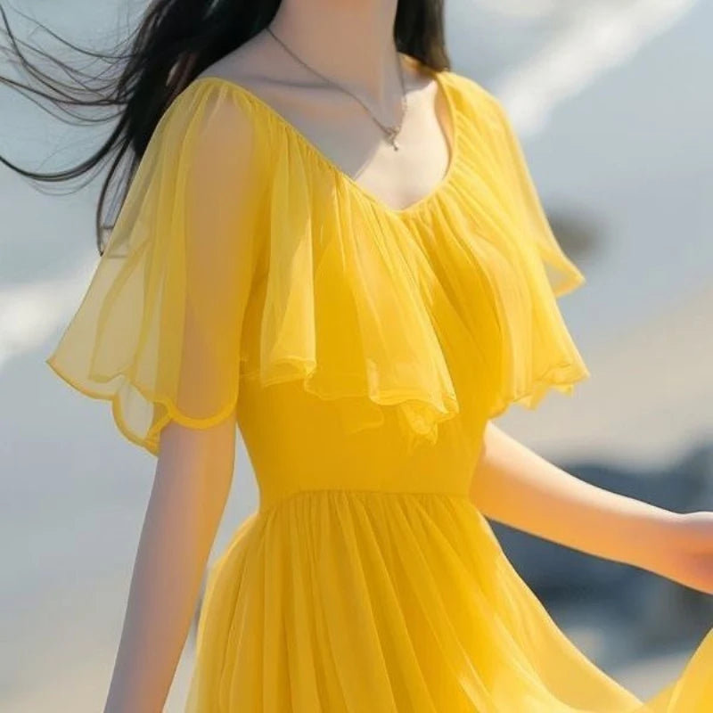 New Yellow Chiffon Dress For Women 2024 Summer Draped Temperament Half Sleeve Holiday Casual Beach Female Elegant Long Dress