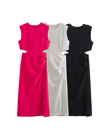 Rose Red Cut-Out Midi Evening Dress