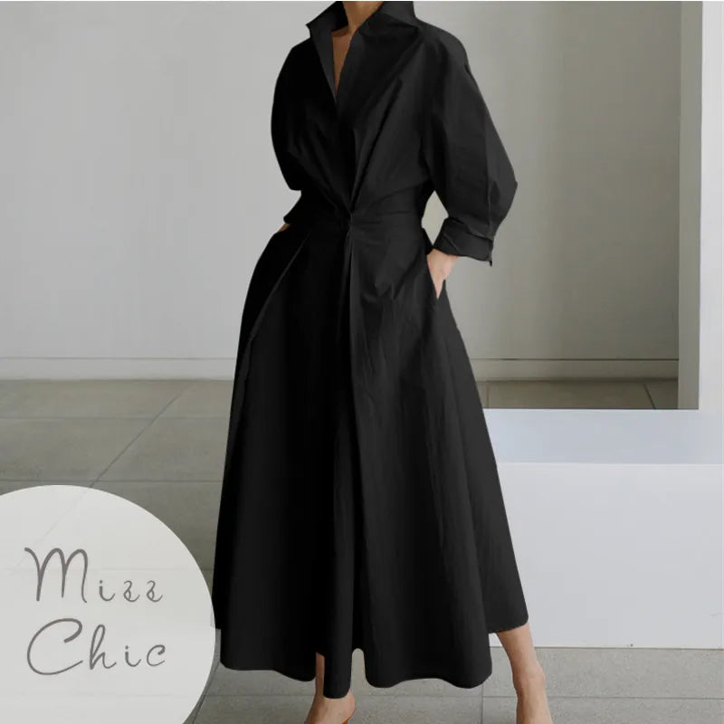 S-5XL Korean Fashion Long Sleeve Shirt Dress Chic Turndown Neck Ruched Maxi Dress Women 2022 Autumn Winter Clothes Streetwea