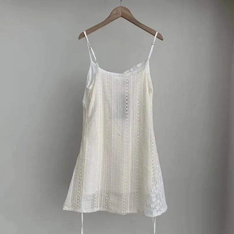 Chic French Lace Stitching Sling Shirt Stacked Gauze Knitted Dress