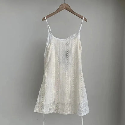 Chic French Lace Stitching Sling Shirt Stacked Gauze Knitted Dress