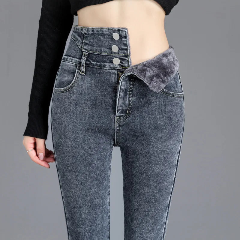 Y2k Leggings Jeans Women Velvet Thicken Warm Pencil Pants Casual High Waist Female Korean Thermal Straight Skinny Denim Trousers - Amazing G