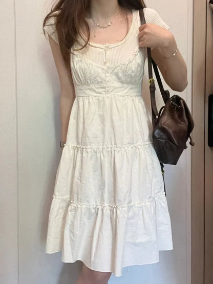 Casual White Button-Front Lace Spliced Sling Dress