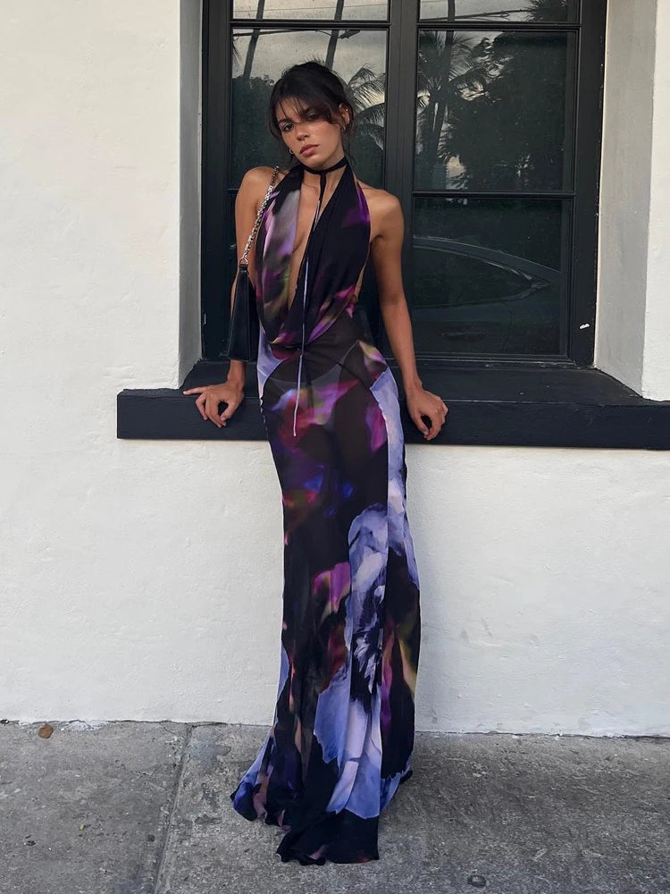 Backless Sexy Print Mesh Maxi Dress