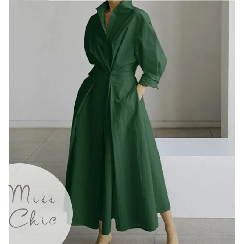 S-5XL Korean Fashion Long Sleeve Shirt Dress Chic Turndown Neck Ruched Maxi Dress Women 2022 Autumn Winter Clothes Streetwea