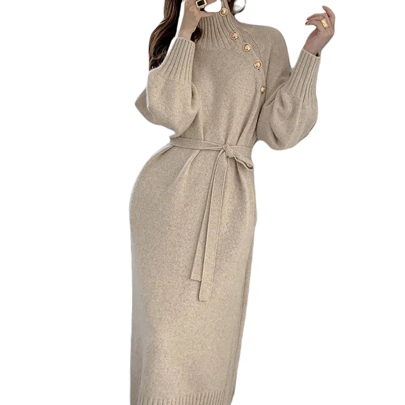 Vintage Turtleneck Buttons Long Sleeve Long Dress