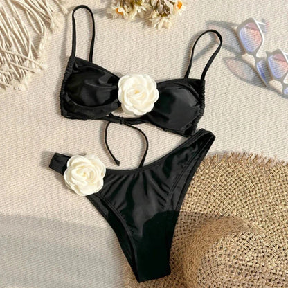 Sexy Flower Bandeau Swimwear Thong Bikini