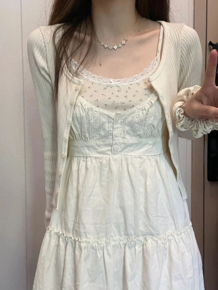 Casual White Button-Front Lace Spliced Sling Dress