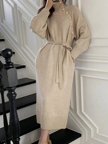 Vintage Turtleneck Buttons Long Sleeve Long Dress