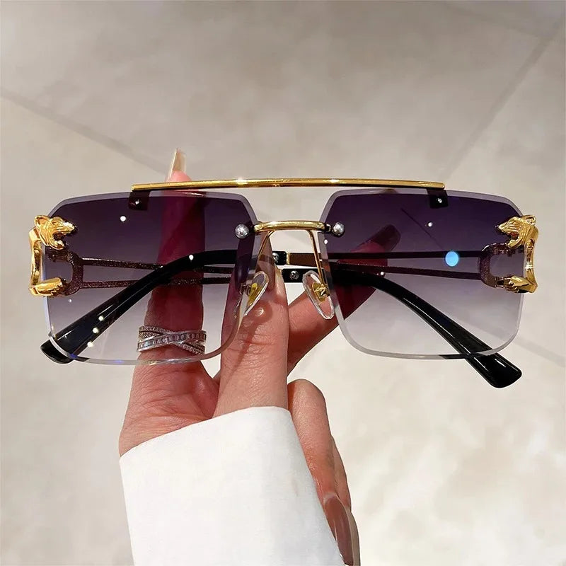 Metal Rimless Sunglasses with Double Bridge and Cheetah Decor for Women