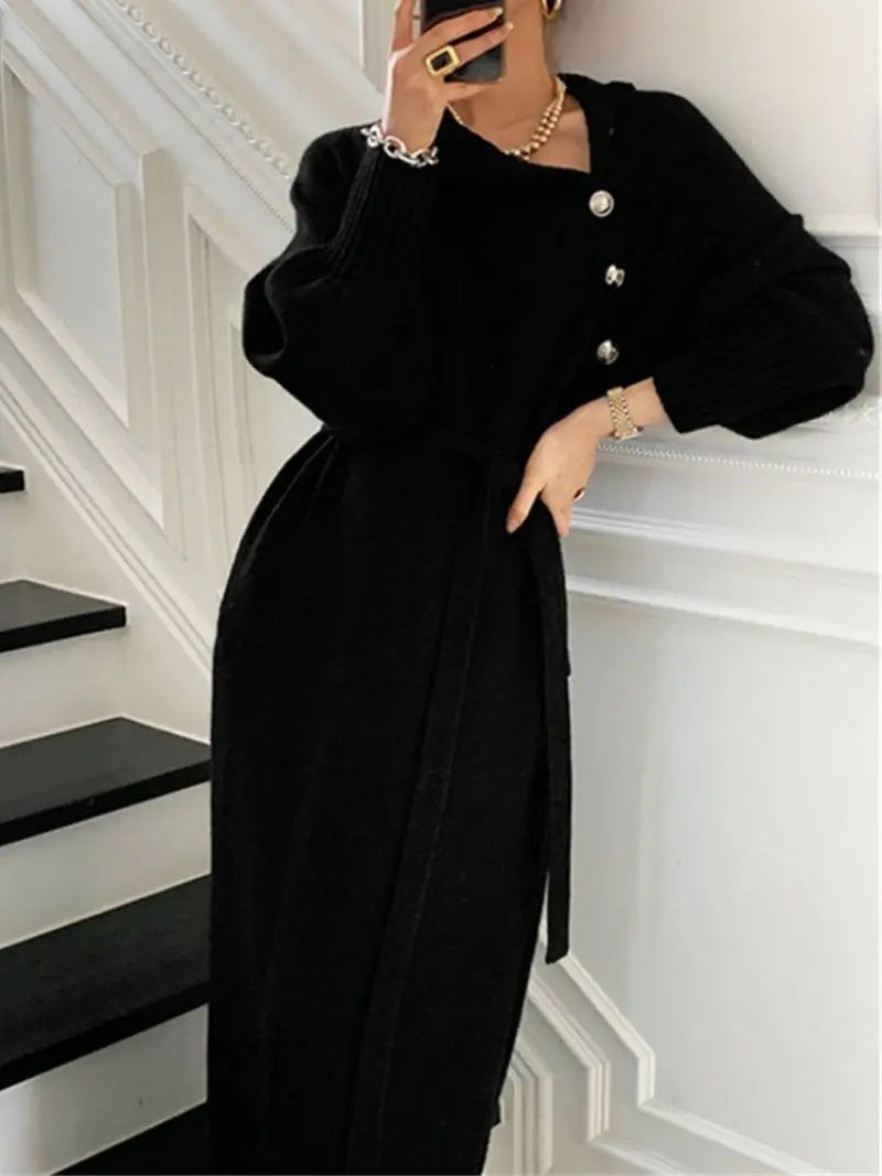 Vintage Turtleneck Buttons Long Sleeve Long Dress