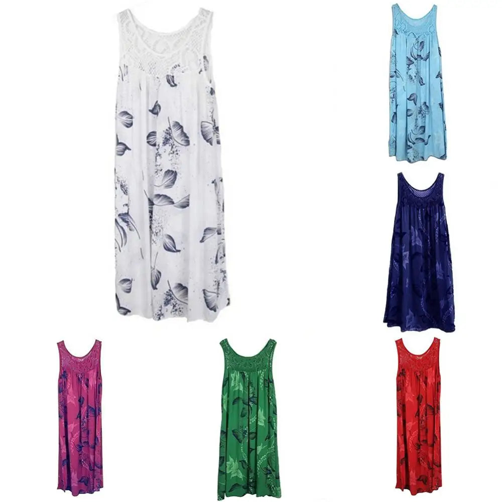 Plus Size Floral Printed Lace Stitching O-Neck Sleeveless Summer Tank Dress