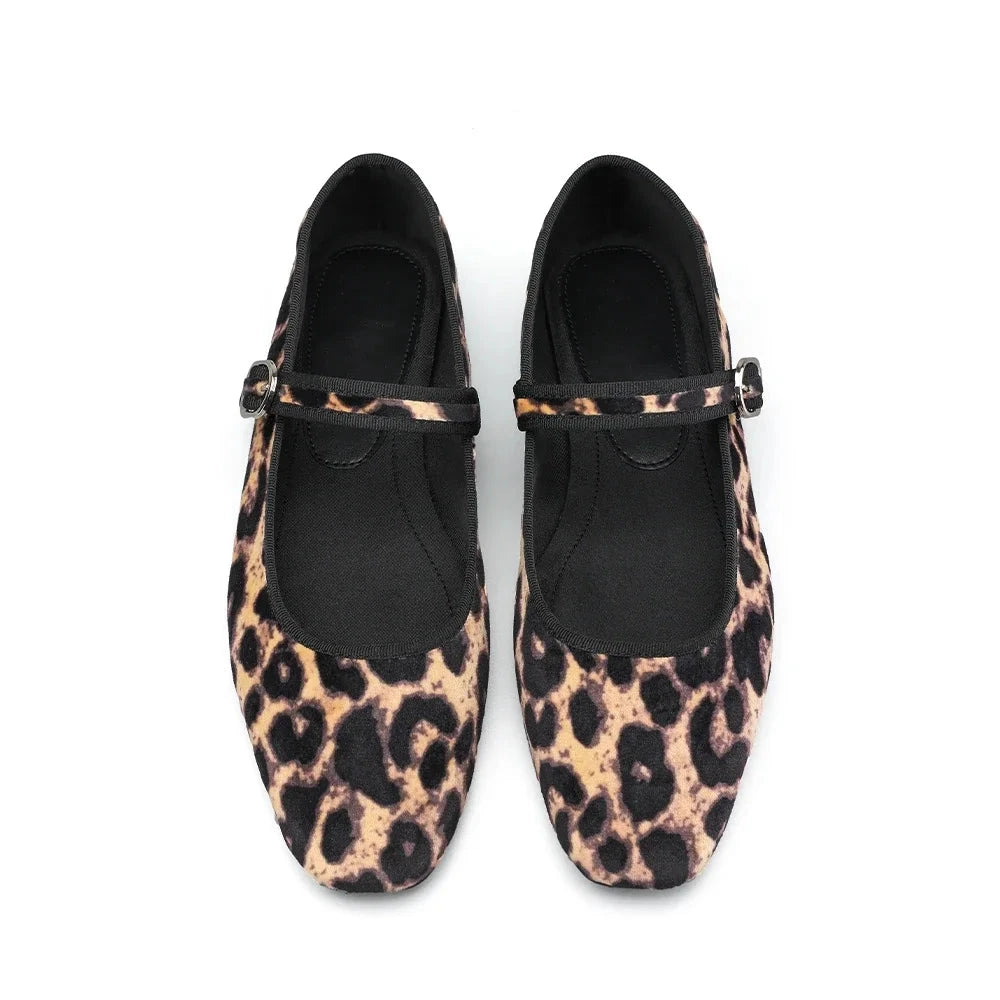 Leopard Print Velvet Mary Jane Flats  Comfortable Round Toe Shoes