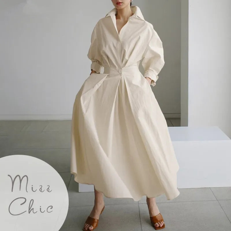 S-5XL Korean Fashion Long Sleeve Shirt Dress Chic Turndown Neck Ruched Maxi Dress Women 2022 Autumn Winter Clothes Streetwea