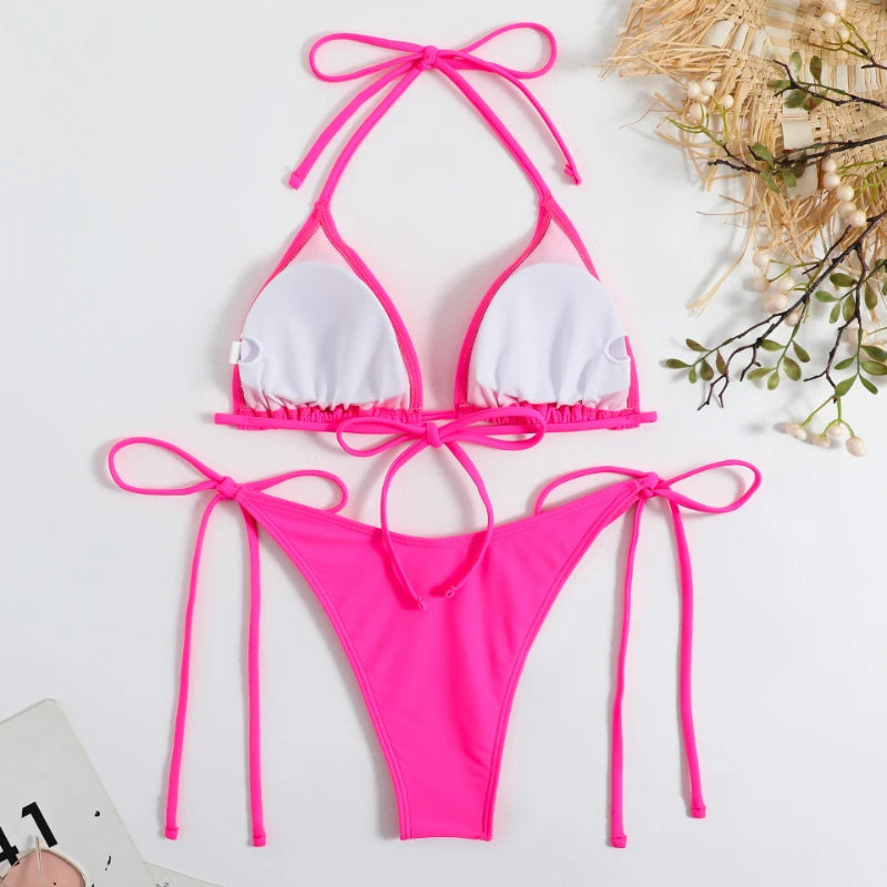 Sexy Thong Solid Color Bikini Set