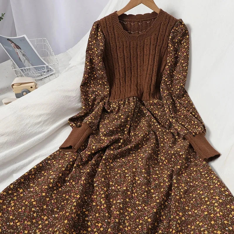 Autumn Winter Korean Patchwork Bandage Long-Sleeved Knitted Dress for Women