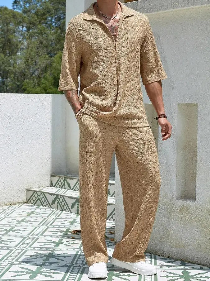 Men’s Summer 2-Piece Set – V-Neck Shirt &amp; Long Pants