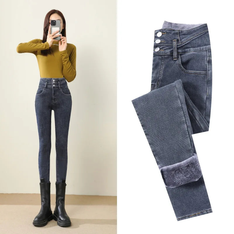 Y2k Leggings Jeans Women Velvet Thicken Warm Pencil Pants Casual High Waist Female Korean Thermal Straight Skinny Denim Trousers - Amazing G