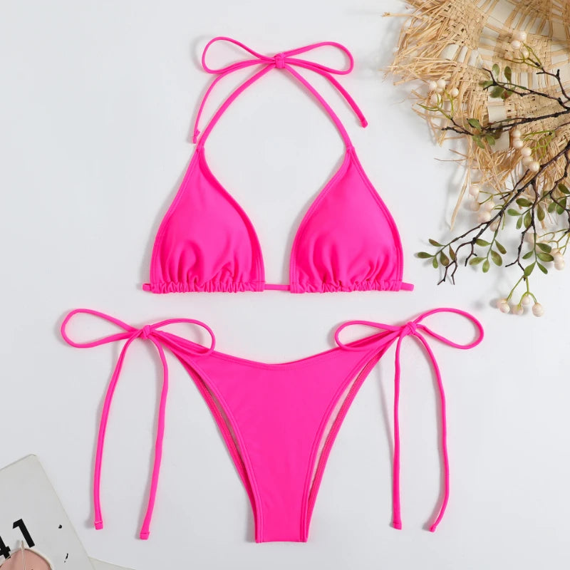 Sexy Thong Solid Color Bikini Set