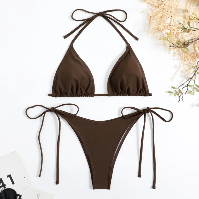 Sexy Thong Solid Color Bikini Set