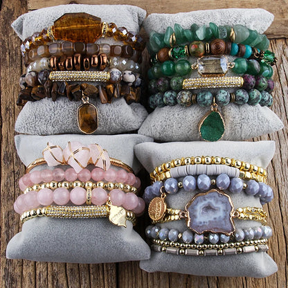 RH Fashion Bohemia Jewelry Accessory Stone/Glass Beaded Multi Stack Stretch Bracelets Set For Women Gift