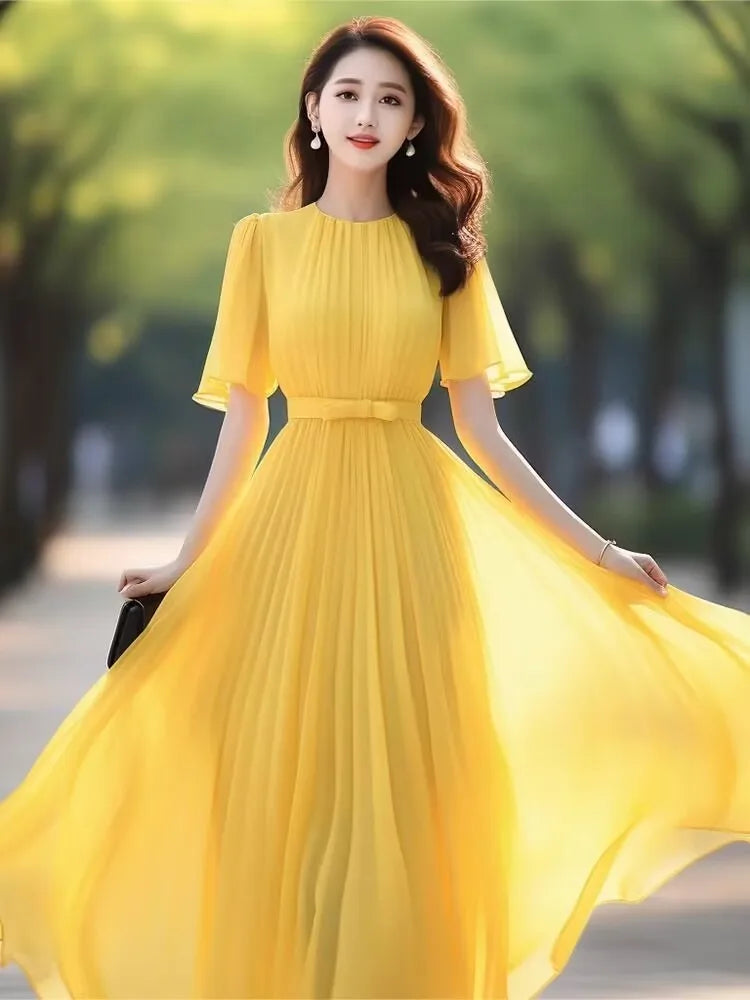 New Yellow Chiffon Dress for Women Summer