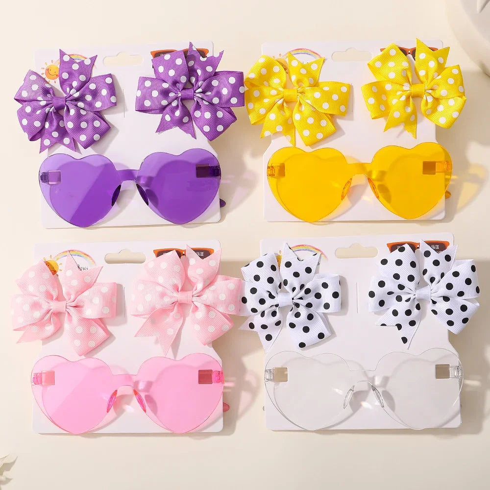 3Pcs Kids Cute Solid Dot Hairpin &amp; Colorful Heart Sunglasses Set