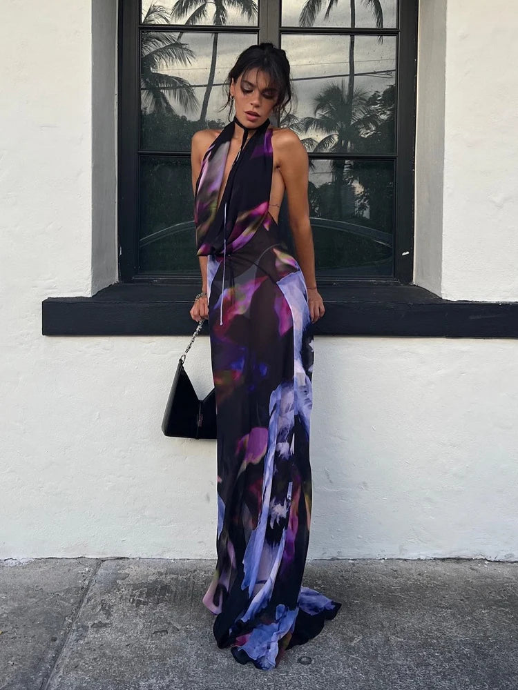 Backless Sexy Print Mesh Maxi Dress