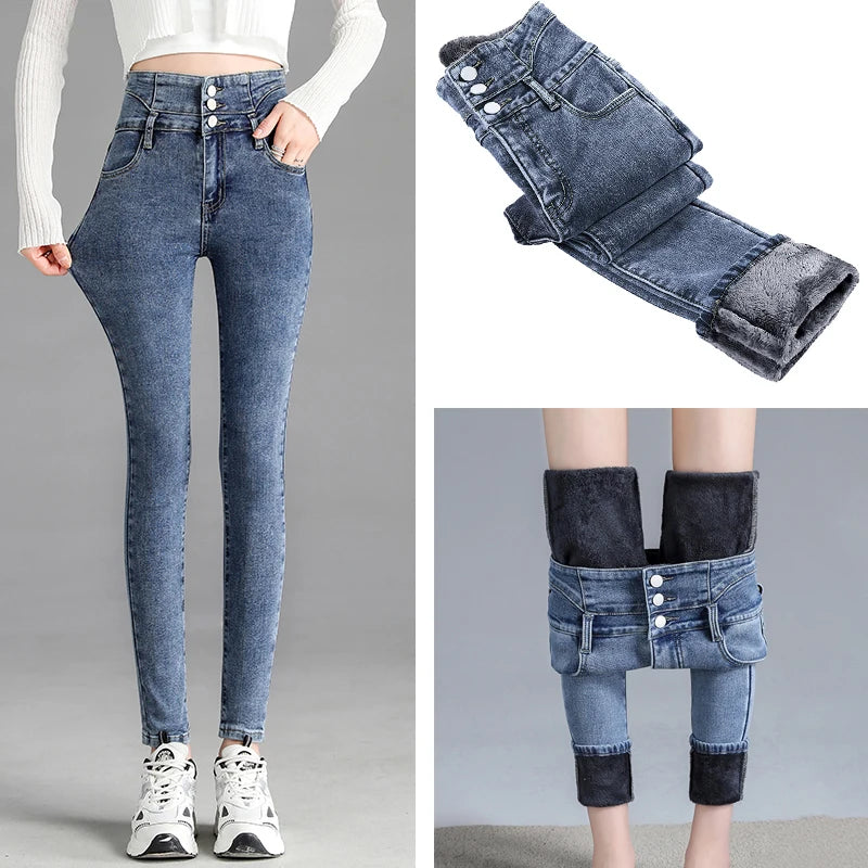 Y2k Leggings Jeans Women Velvet Thicken Warm Pencil Pants Casual High Waist Female Korean Thermal Straight Skinny Denim Trousers - Amazing G