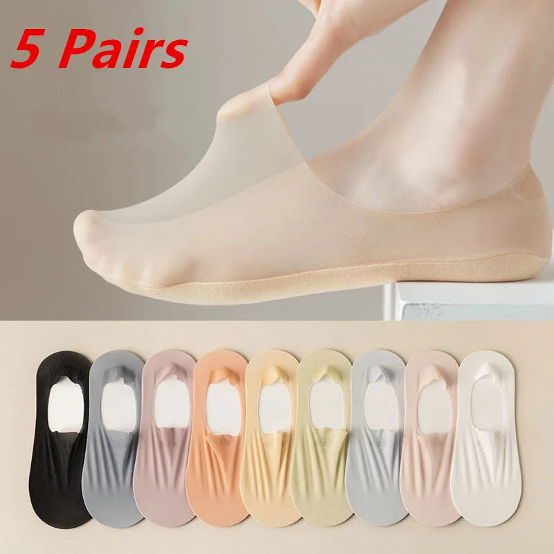 5 Pairs Ultra-Thin Short Socks  Invisible, Anti-Slip, Ice Silk