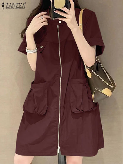 Fashion Solid Knee-Length Sundress ZANZEA Stylish Cargo Dress