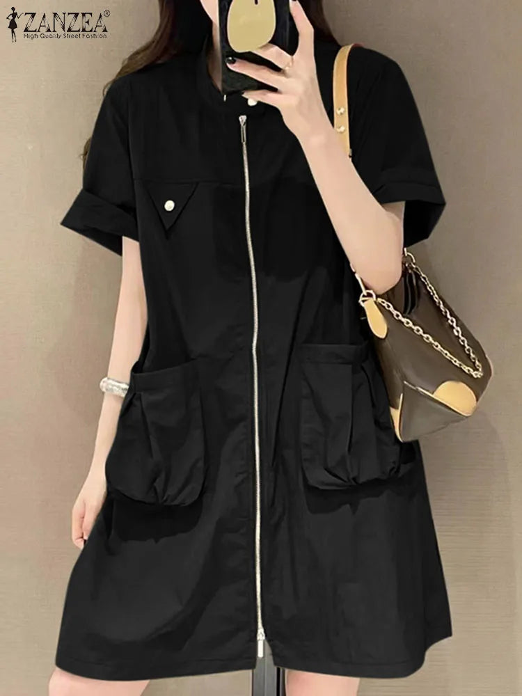 Fashion Solid Knee-Length Sundress ZANZEA Stylish Cargo Dress